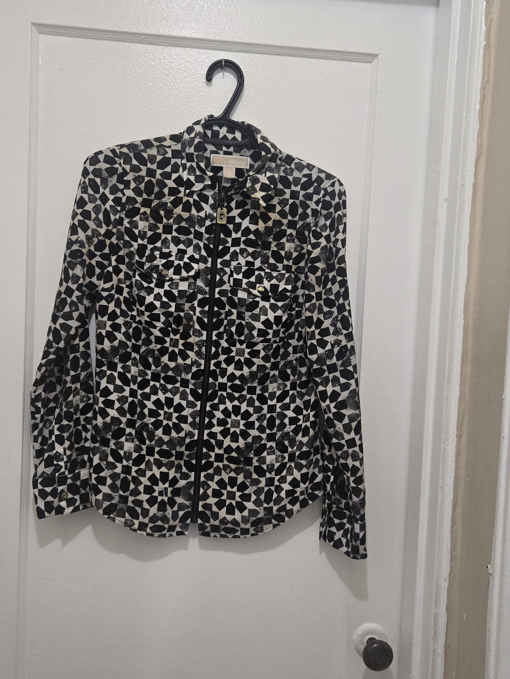 Michael Kors Black & White Geometric Zipper Shirt